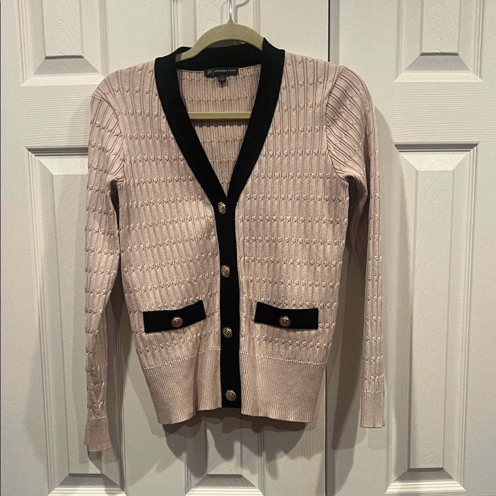 Adrianna Papell tan Cardigan with Black and gold Accents